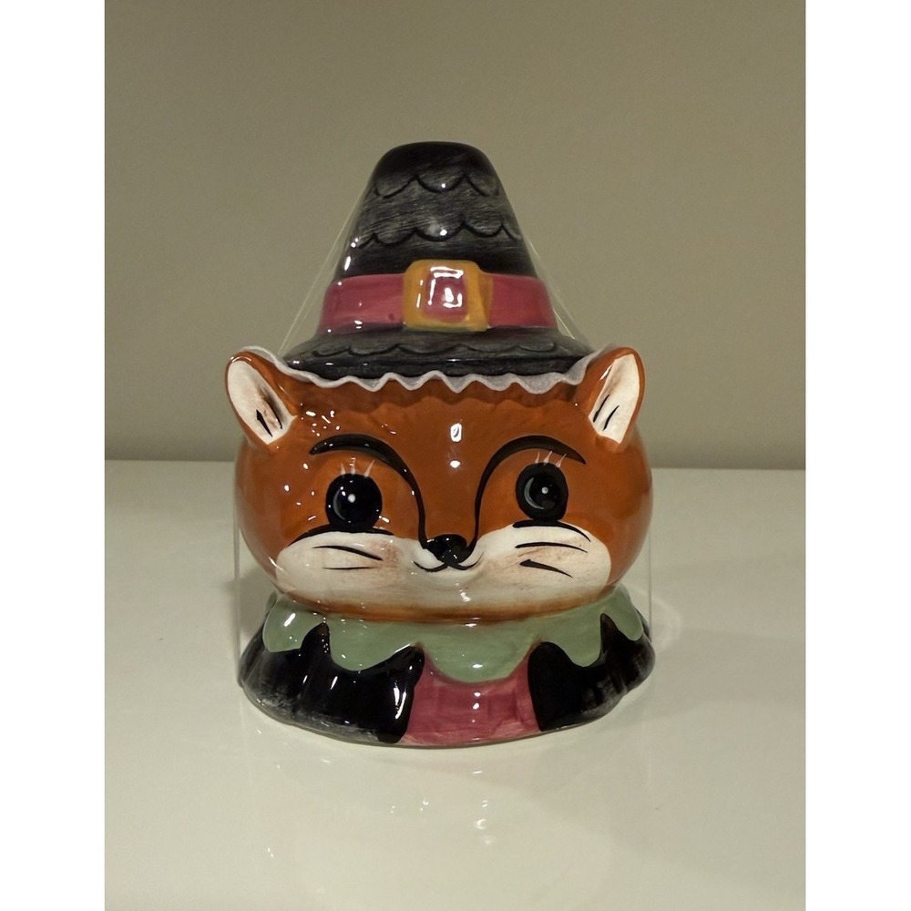 New Johanna Parker Ceramic Fox Thanksgiving Fall Jar Canister 5" Pilgrim Hat